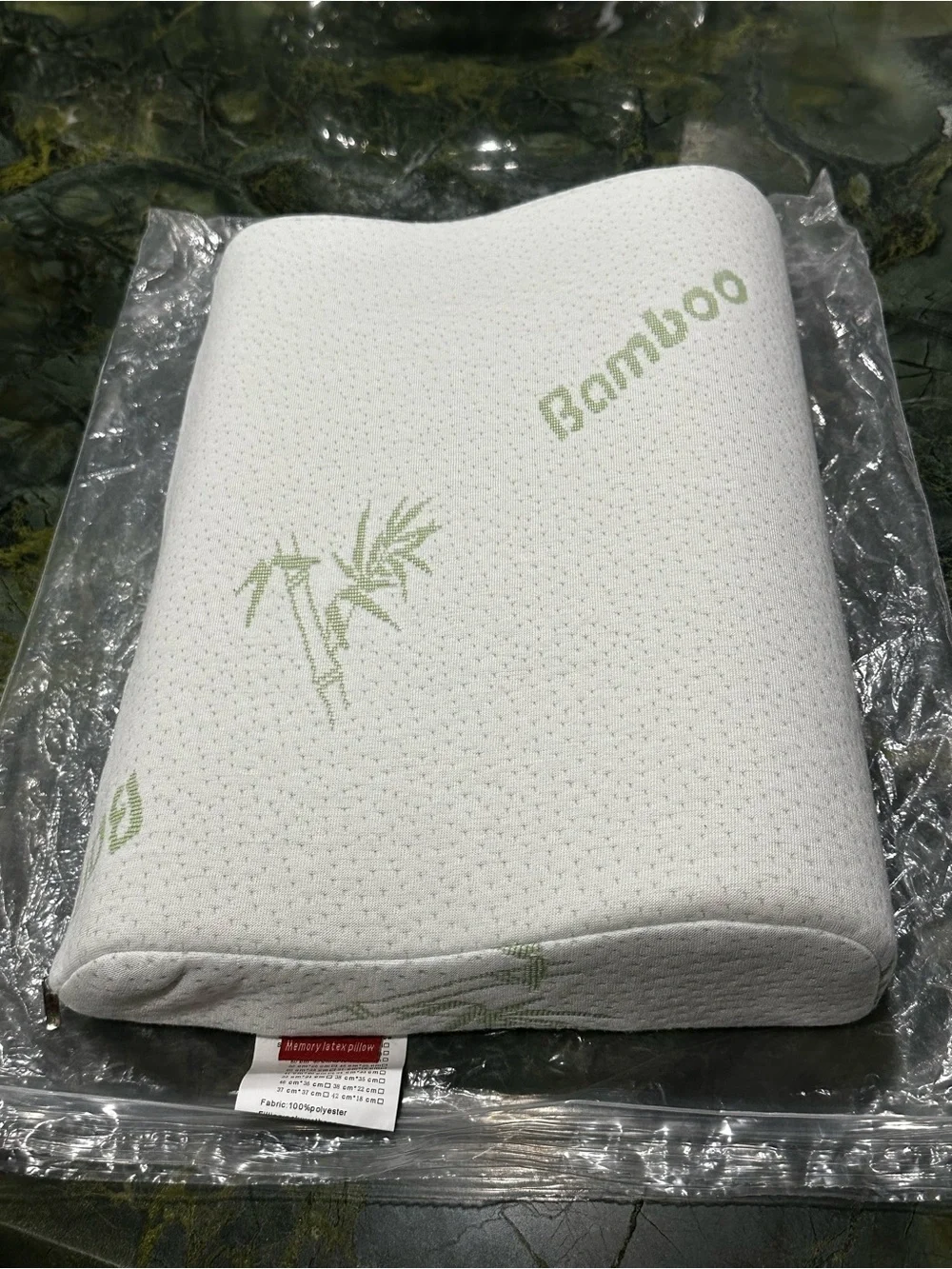 BAMBOO White Memory Foam Contour Pillow with Light Green Bamboo Print